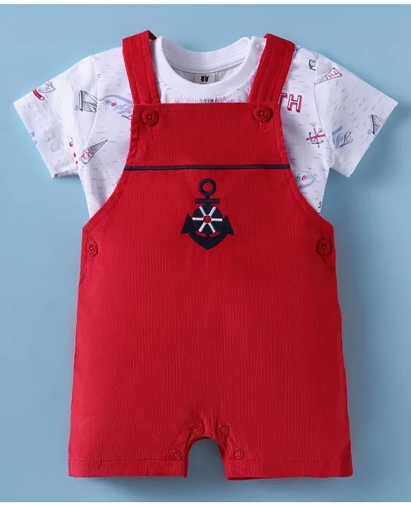 ToffyHouse Cotton Knit Dungarees with Half Sleeves Inner Tee & Nautical Theme Print - Red & White
